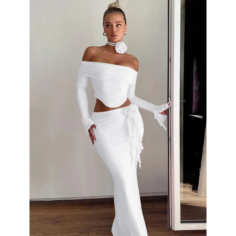 Flower Bodycon Skirt Sets Women Slim Sexy Backless Lace Up Tops Womens Party Elegant Dress 2 Piece Womens Suits Outfits 240823