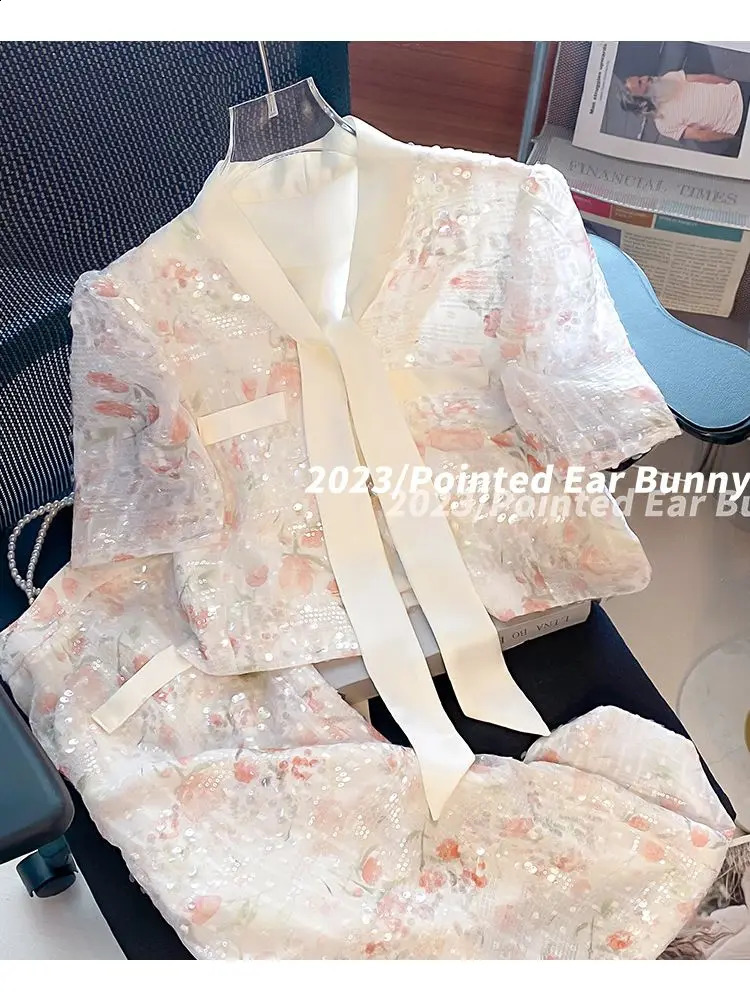 French Sweet Floral Skirt Set Summer High end V-neck Sequin Short Sleeve Top High Waist Long Skirt Two Piece Set Women Outfits 240823