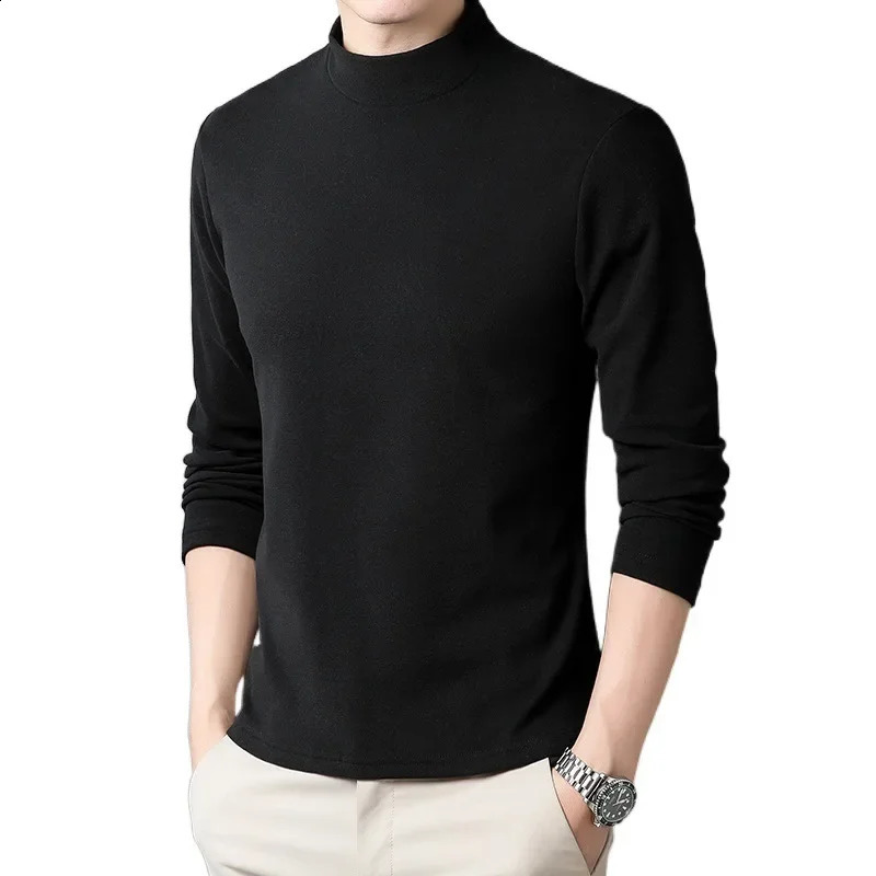 Double sided wool half poloturtle neck bottom Tshirt mens thick top solid color long sleeved interior warm 240823