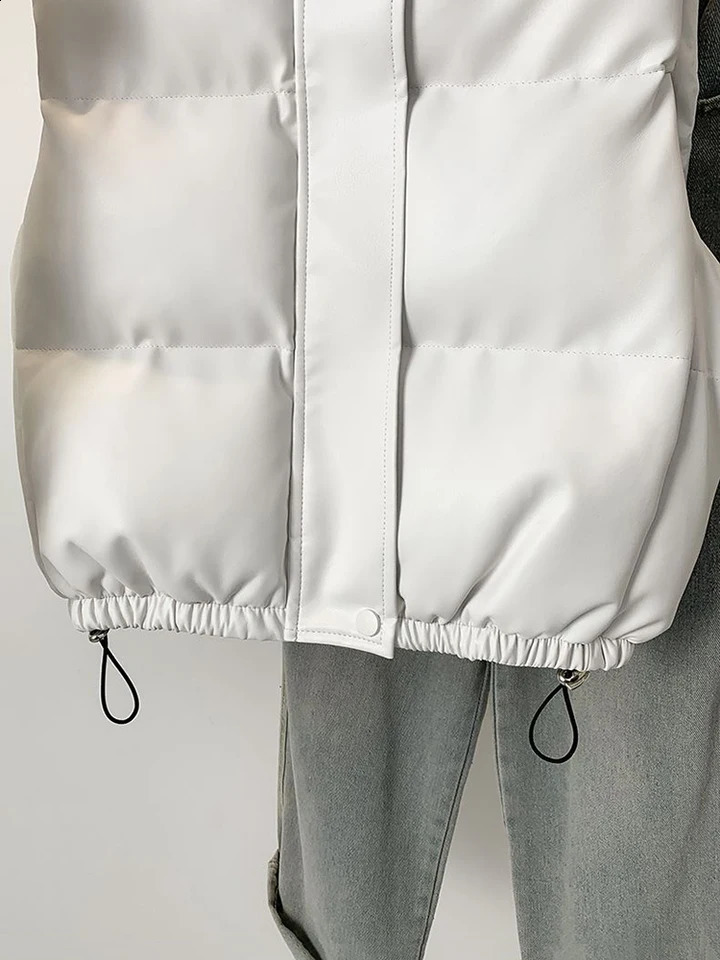 Winter Women Fashion Thick Warm Faux Leather Cropped Padded Waistcoat High Neck PU Vest Female Outerwear Chic Tops 240822