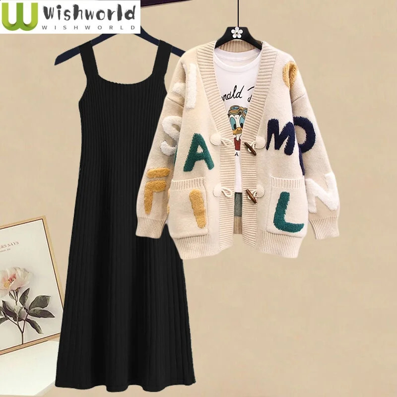Autumn and Winter Letter Embroidery Knitted Sweater Cardigan Knitted Camisole Dress Two-piece Set Elegant Womens Skirt Set 240823
