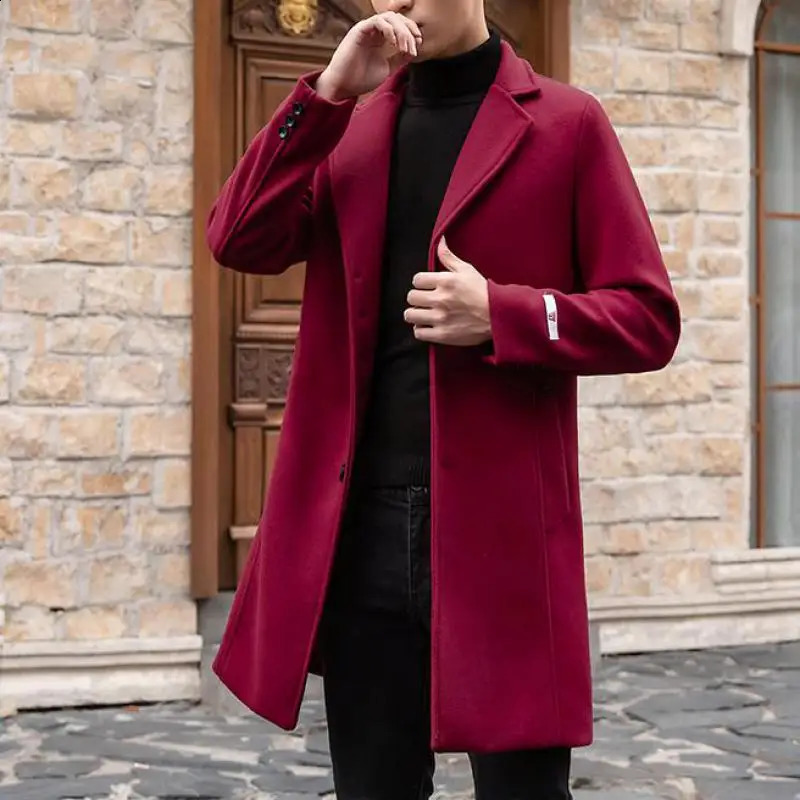 Red Long Mens Trench Coats Woolen Burgundy Elegant Gentleman Overcoats England Vintage Classic Claret Long Jackets Mens 240822