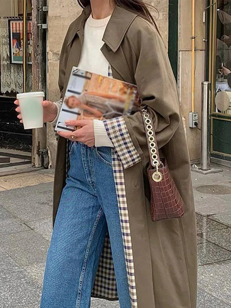 Retro Loose Long Trench Coat Women Classic Solid Single-Breasted Lapel Pockets Windbreaker Jacket Female Autumn Khaki Outwear 240822
