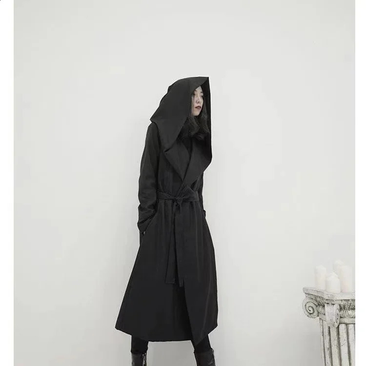 ARENS Hooded Trench Coat Men and Women Gothic Punk Lace Up Cardigan Long Windbreaker Fall Korean Dark Black Style Punk Overcoat 240822