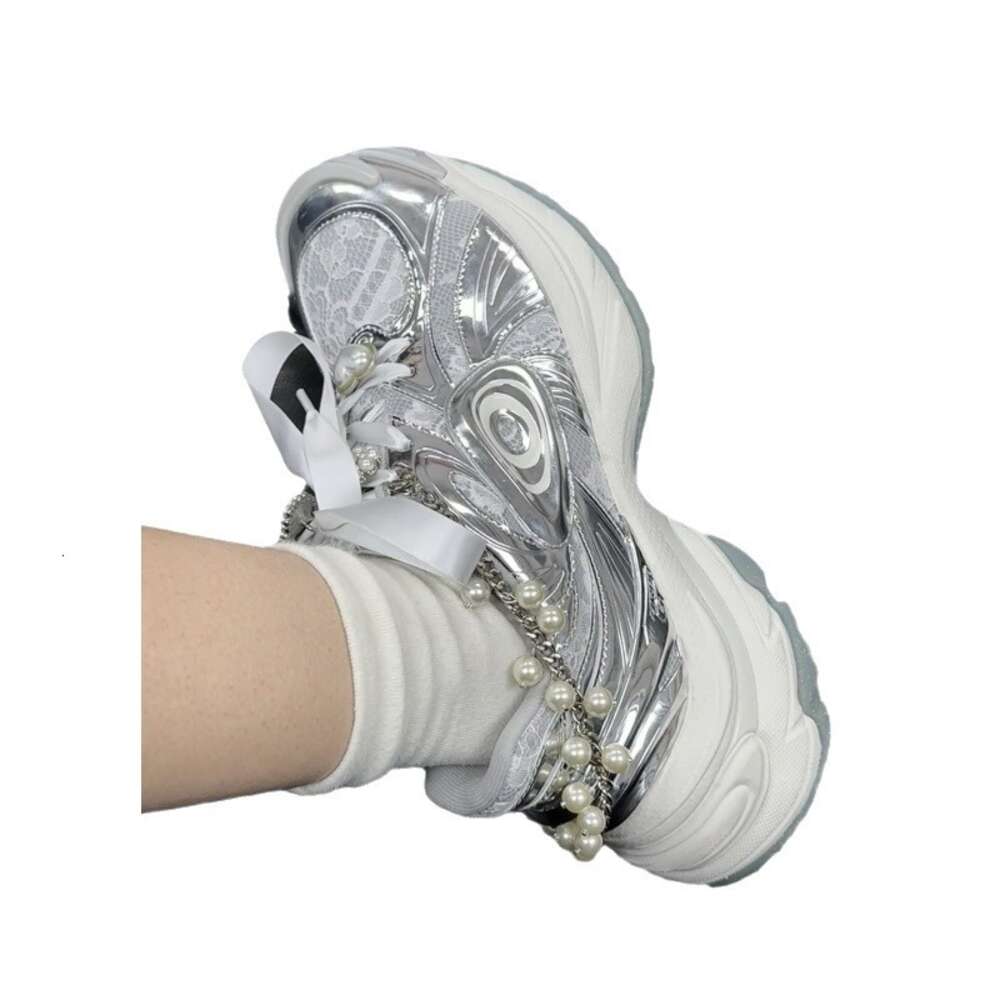 Ddmysports Cowhide Edition Lace Thick Sole Dad Women S New Pearl Mesh Casual Up Turbo Sports Shoes OUTDOOR