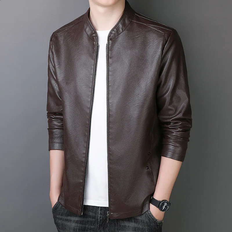Trend Motorcycle Jacket Mens Fashion Leather Jacket Slim Fit Neckline PU Jacket Male Anti-wind Motorcycle Jackets Men Biker Coat 240822