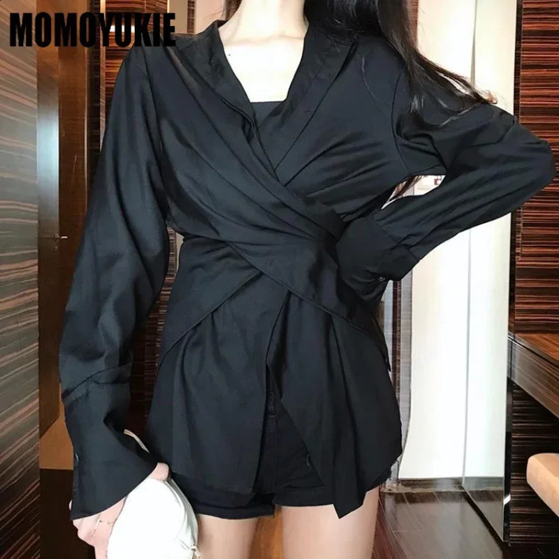 Spring Korean Style Stand Collar Shirts Elegant Long Sleeve Fashionable Solid Chic Slim Irregular Casual Feminino Tops 240823