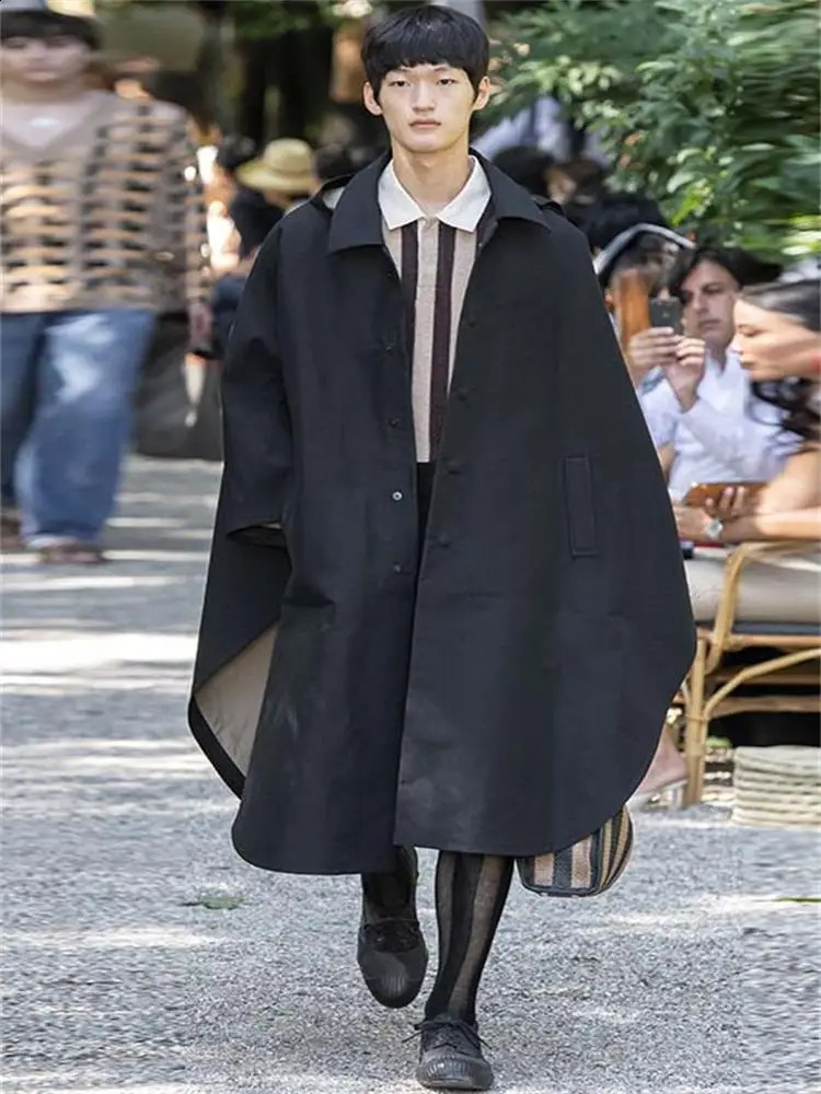 Mens Black Shawl Cloak Single Breasted Windbreaker Mens Dance Trend Hip Hop Knee Loose Coat Long Loose Cloak 240822