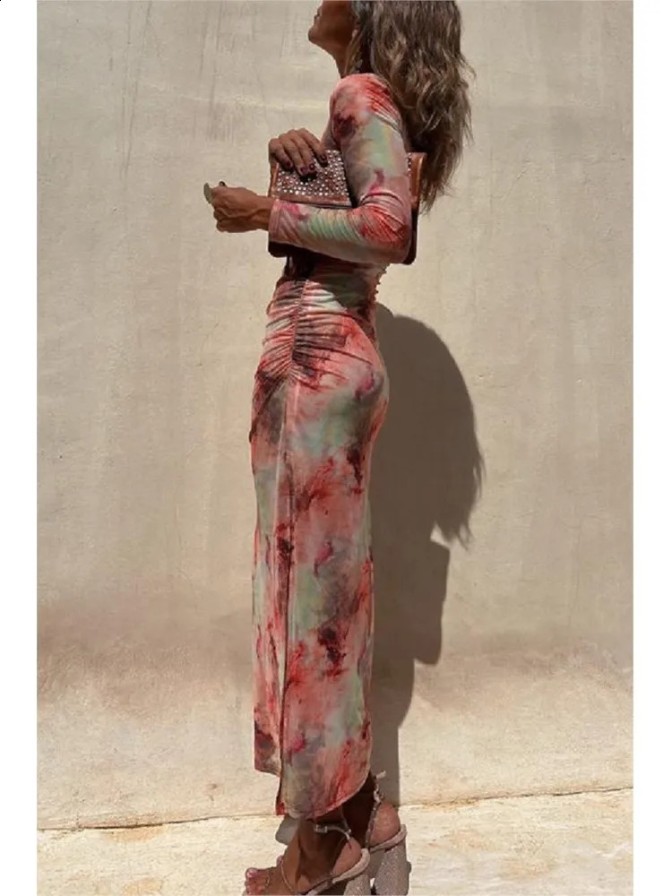 Sexy Mesh Dress For Women Spring Fashion Autumn Long Sleeve Print Dresses Simple Lace Slim Stretch Party Nightclub Dress 240823