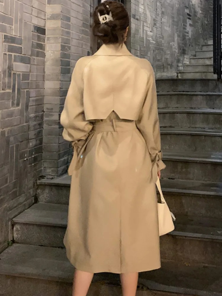 Autumn Winter Khaki Long Trench Coat for Women Jacket Elegant Outerwear Turn-down Collar Tie Belt Korean Chic Windbreaker 240822