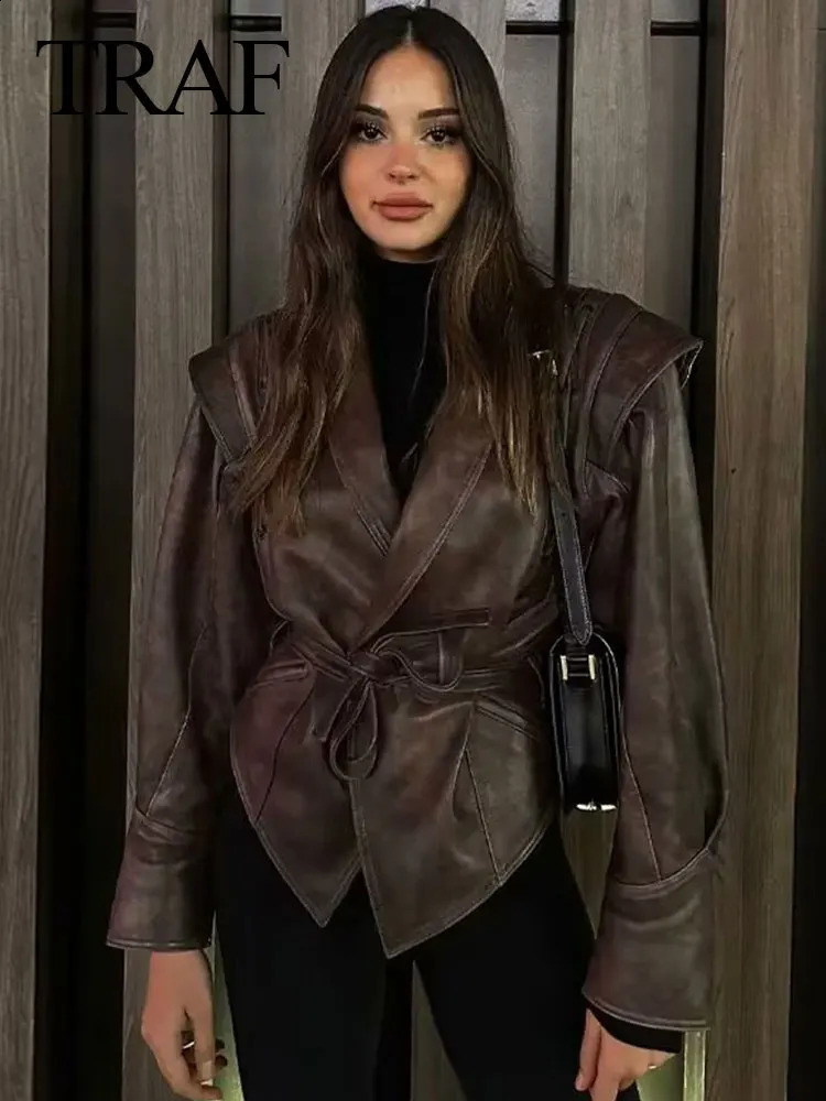 TRAF Female Street Leather Jacket Spring Womens Versatile Brown Long Sleeves V-neck Single Breasted Lace-up Causal Coats 240823