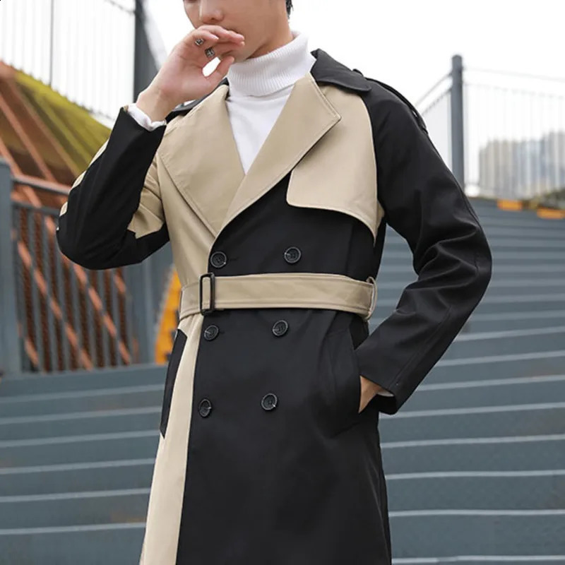 Autumn Windbreaker Fashion Double Breasted Long Jacket For Men Streetwear Contrast Stitching Male Abrigo Hombre Trench Coat Men 240822