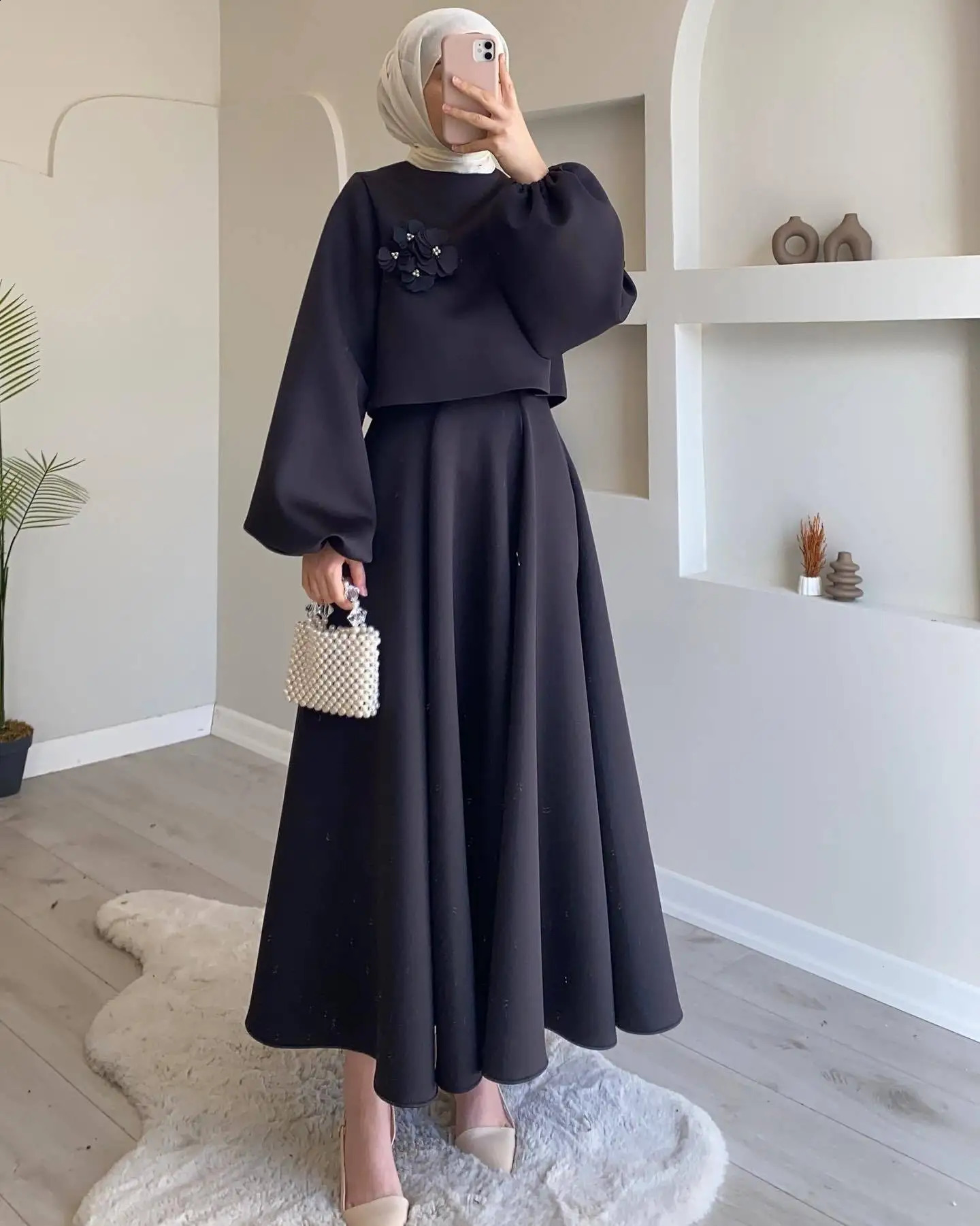 Fashion Floral Skirts Sets for Women Two-piece Set Women Lantern Sleeve Top A-line Skirt Elegant Lady Skirt 2 Pieces Sets 240823