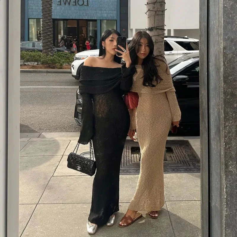 Knitted Slim Sexy See Through Long Dresses Hollow Out Off The Shoulder Maxi Dress Women Summer Lady Beach Vacation Vestidos 240823