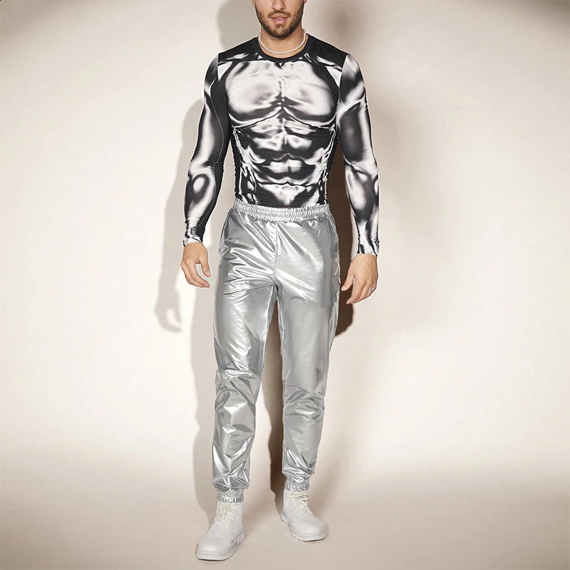 Y2K Mens T Shirts Sexy Elastic Slim Long Sleeve O Neck Bottoming T-shirt Men Fall Fashionable Muscle Print Tops Streetwear 240823