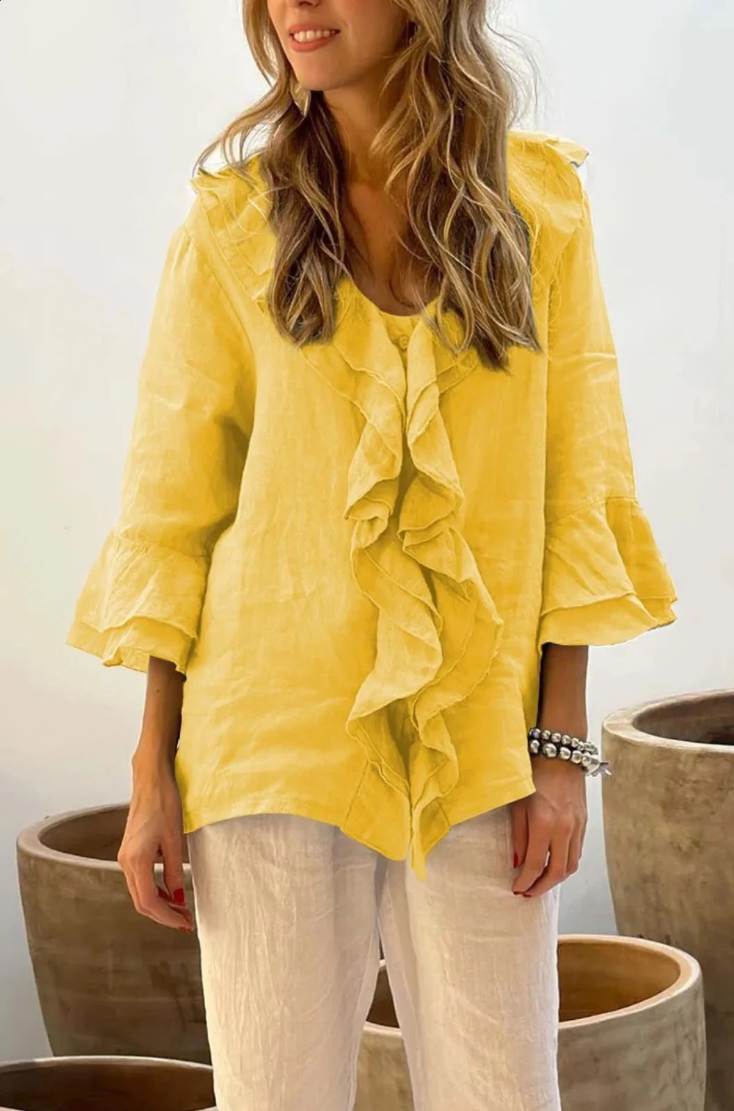 Autumn Fashion Ruffle Blouse Womens Sweet Office Vneck Collar Sleeves 240822