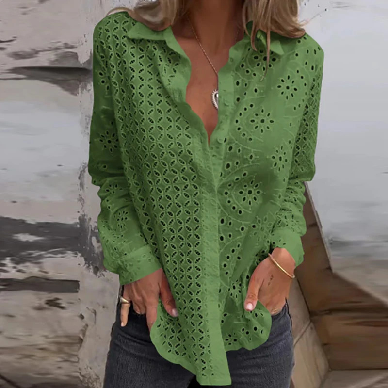 Sexy Hollow Out Embroidery Crochet Blouses Women Spring Solid Long Sleeve Jacquard Top Summer Loose Single Breasted Lapel Shirt 240823