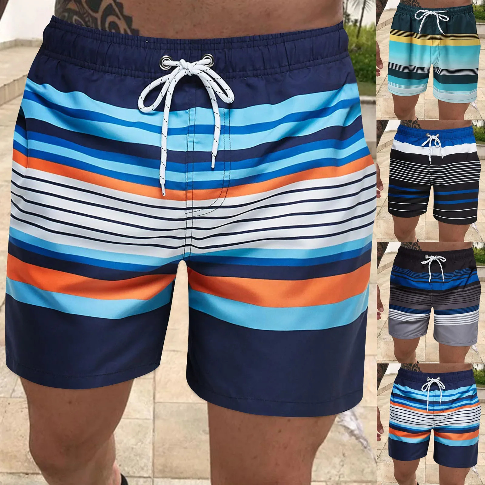 Mens board shorts Fashion striped print color contrast Swim Classic drawstring swim Summer surf suit y240830