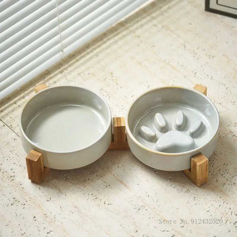 Creative ceramic anti suffocation cat bowl wooden frame slow food food and beverage dual pet supplies 1PcX240823