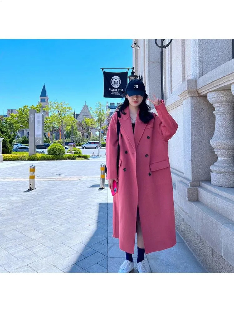 Winter Korean Style High-End Handmade Double Breasted Black Long 100% Wool Coat Women Lapel Loose Warmer Woolen Jacket 240822