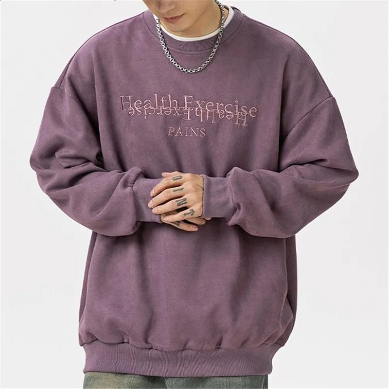 Texture suede letter embroidered hoodie round neck sweater mens autumn item American high school couple loose top 240823