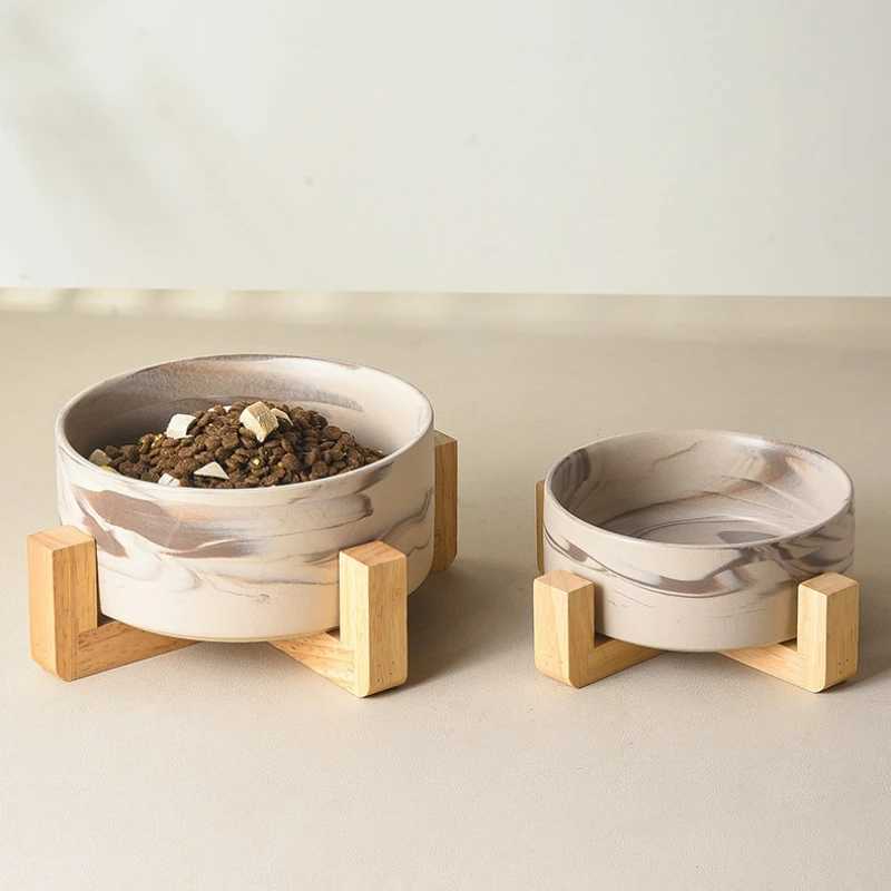 Marble ceramic cat and dog bowl with large dog feeding and dual feeding bowls equipped with wooden frame and pet dog accessories X240823