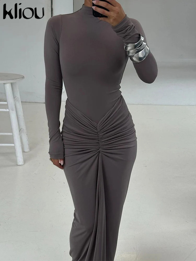 kliou Shirring Women Classic Maxi Dress Autumn Solid Long Sleeve High Collar Body-shaping Vestidos Mujer Concise Trend Robe 240823