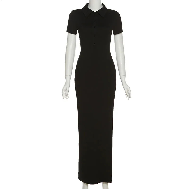 NSANGU Women Sexy Solid Fashion Turn-down Collar Short Sleeve Side Slit Body-Shaping Streetwear Elegant Long Cotton Dress 240823