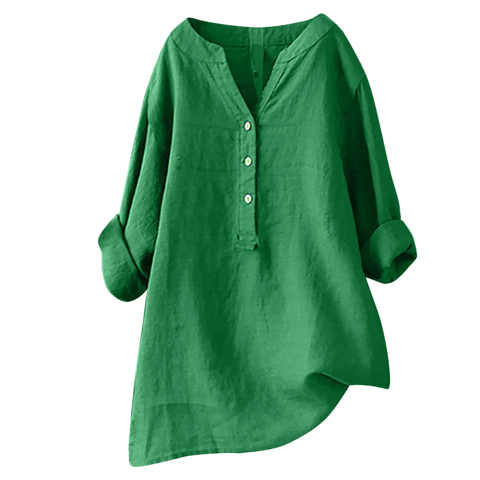 Autumn cotton linen loose shirt button down top vertical solid long sleeved casual womens 240822