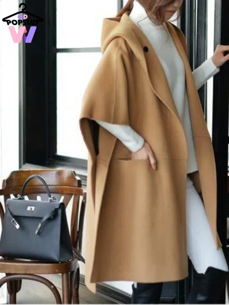 Cape Town loose cardigan jacket Korean casual solid hooded wool pocket street womens bag