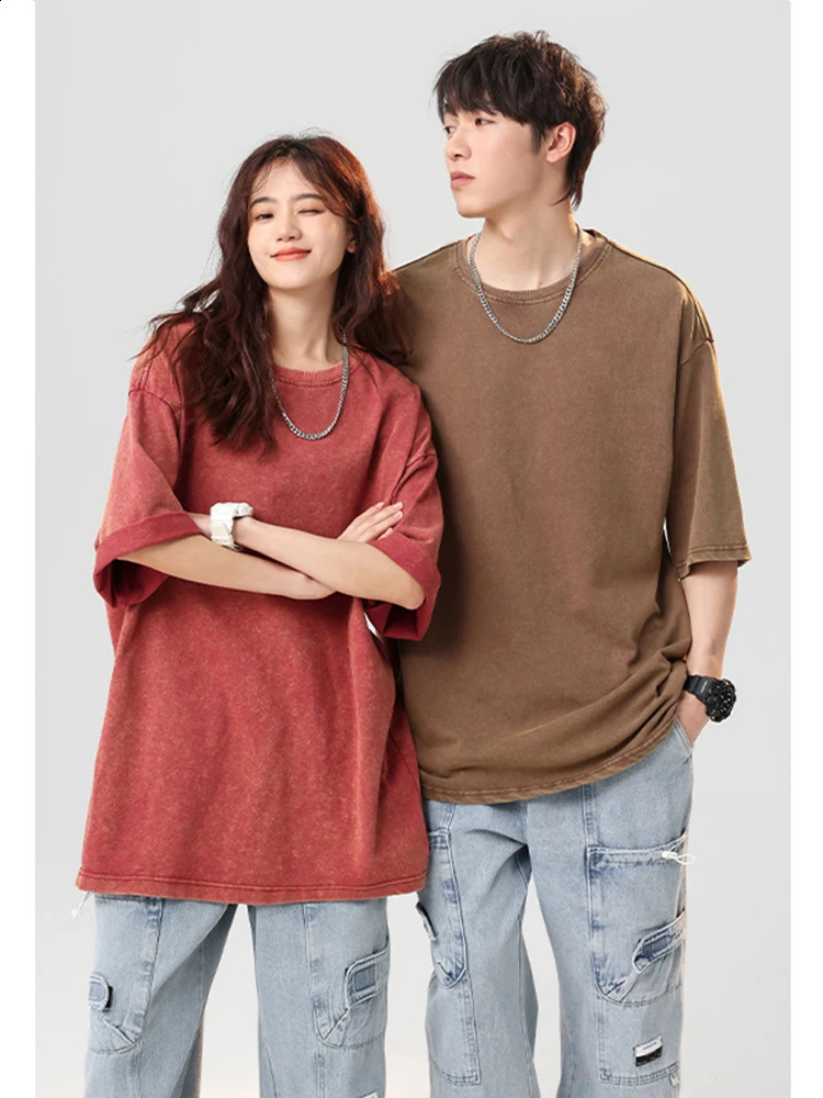 260G thick cotton summer wash Tshirt mens Korean couple Y2K loose top casual short sleeved oversized unisex 240822
