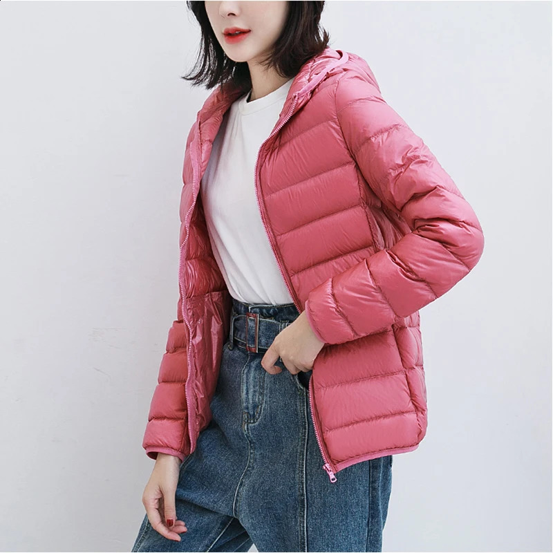 Womens 90% white duck down jacket autumn womens ultra light ultrathin solid long sleeved hooded park 240823