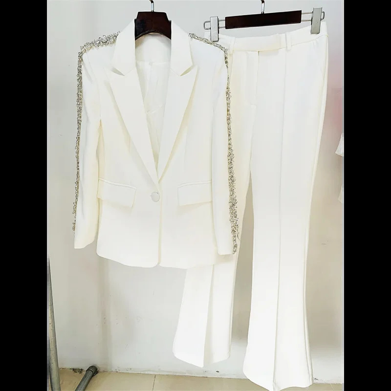 y womens formal pants set black and white diamond crystal slim fit jacket sparkling office business twopiece 240823