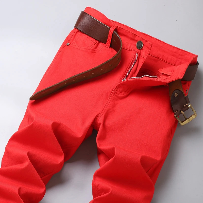 High quality casual denim jeans mens red yellow pink white solid color party pants fashionable four season straight plus size 240823