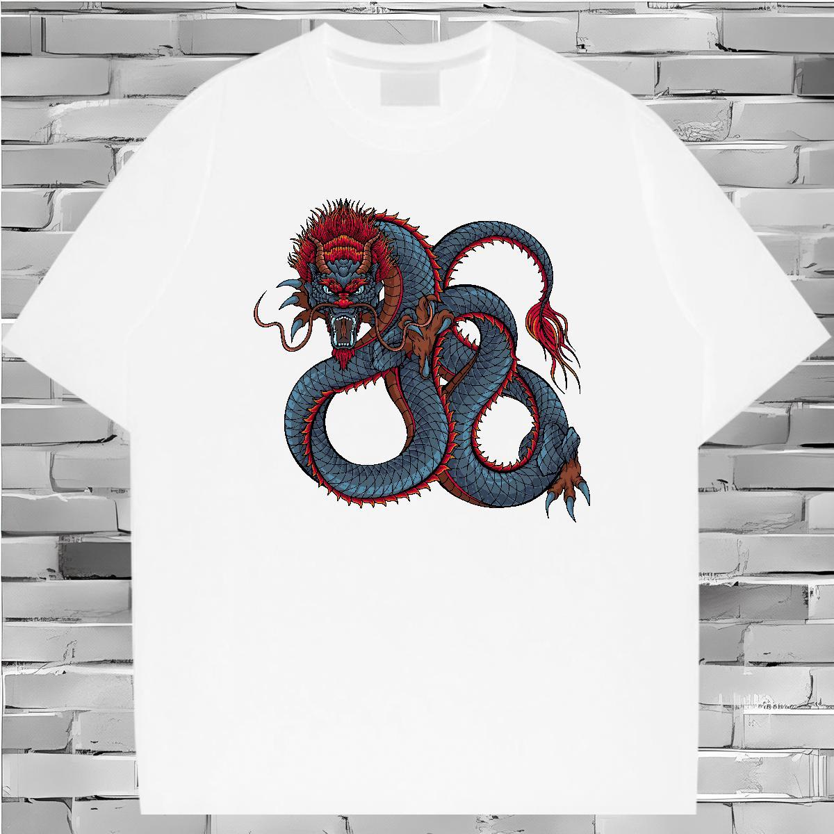 Cool T-Shirts for Men 230g Cotton dragon Hip Hop Street DIY Anime Breathable Crew Neck Tshirt for Man Woman 2024 New Tops