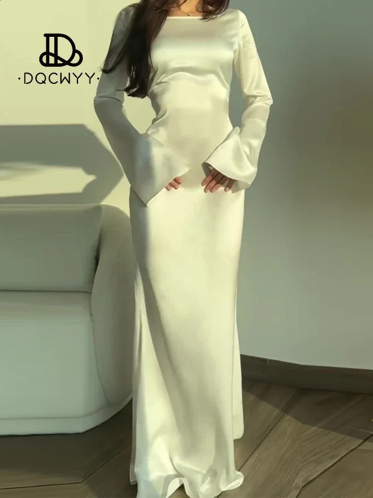 Womens Dresses Long Dresses Fashion Simple Round Neck Satin Flare Sleeve Lace Up Slim Evening Party Dresses Sexy Dress 240823