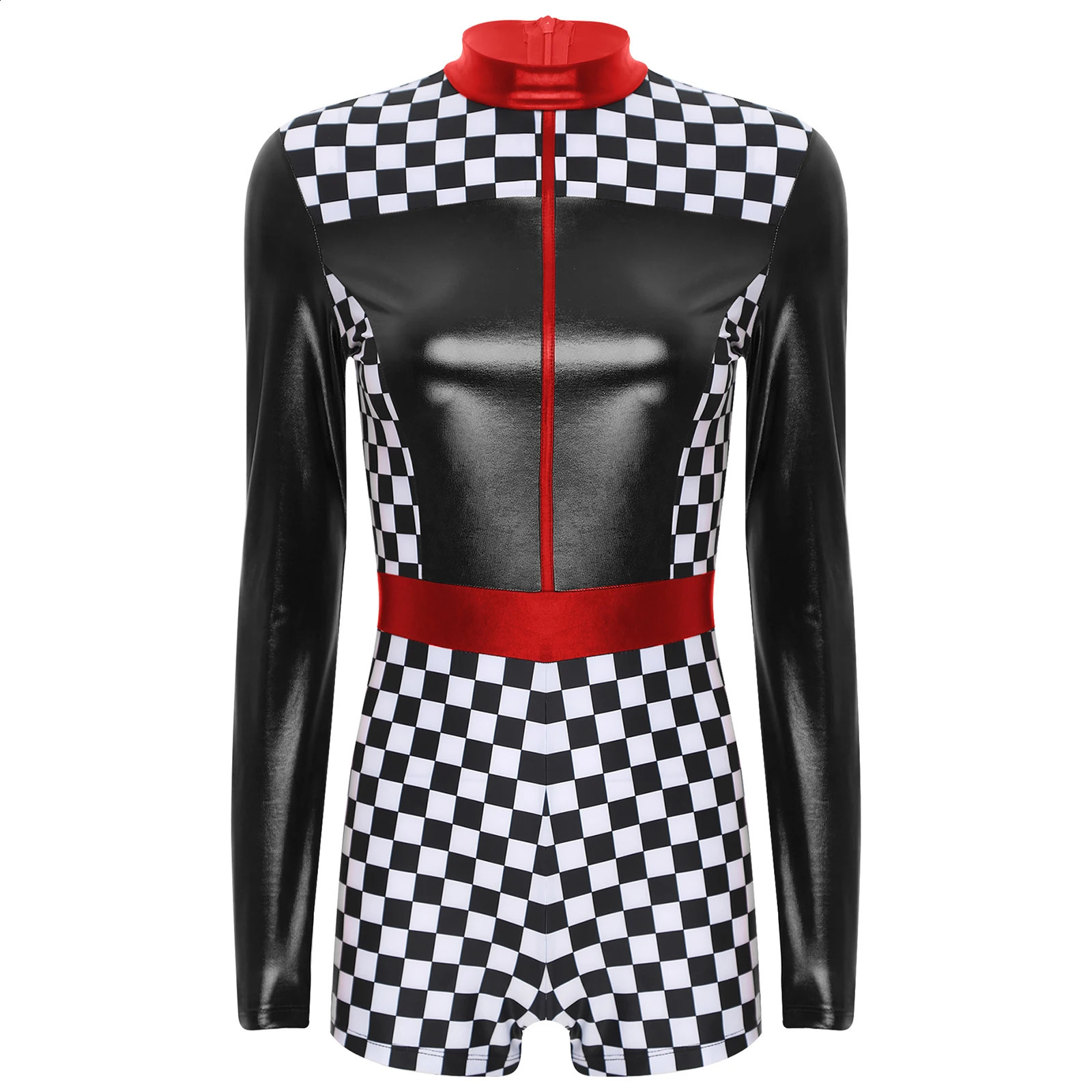 Womens Drive Racer cosplay clothing long sleeved checkered printed bodysuit racing jumpsuit carnival themed party club w240824