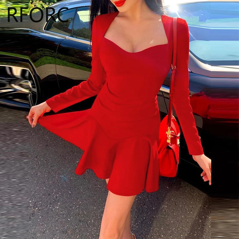 Women Solid Long Sleeves Skinny Ruffle Hem Mini Bodycon Formal Party Red Dress 240823