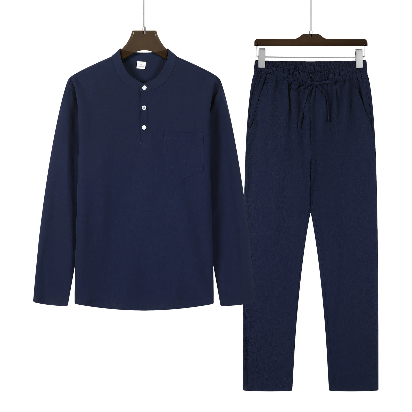 Autumn mens solid color fashionable retro heavyduty long sleeved Tshirt stand up collar strong buckle set 240822