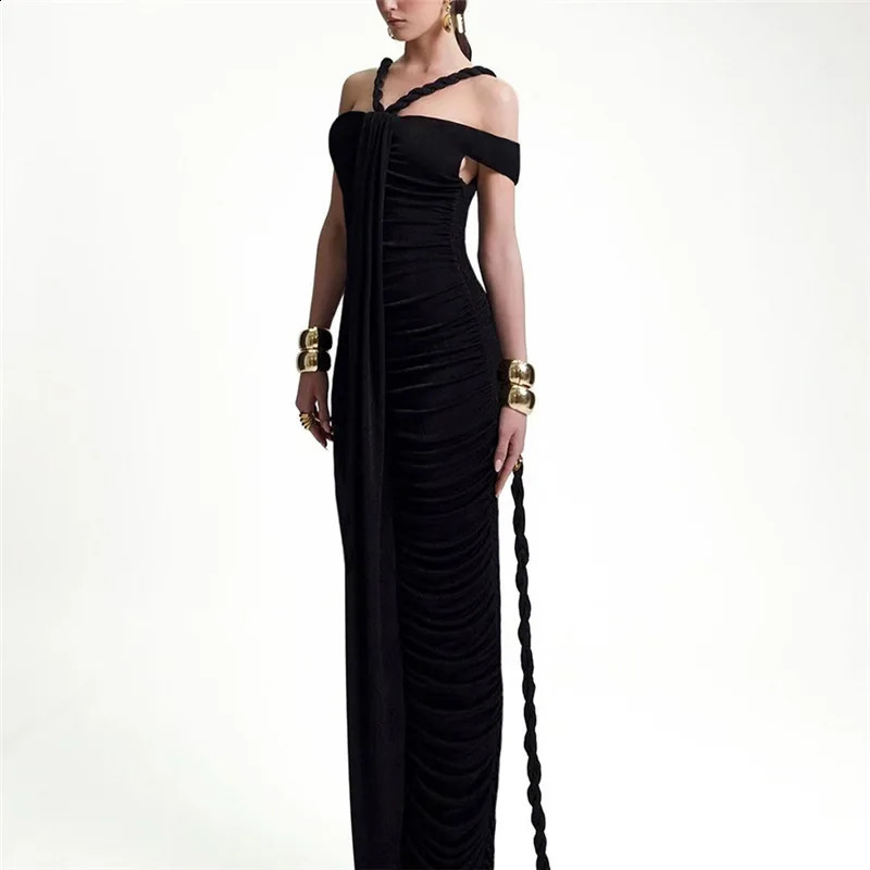 Ruched Ribbon Maxi Dress Women Summer Off Shoulder Short Sleeve Slim Bodycon Vestidos Solid Evening Party Long Robe Clubwear 240823