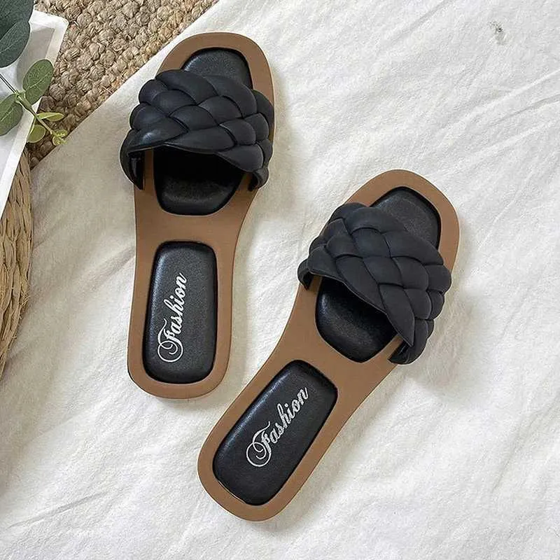 Slippers NEW Sandals Women New Open Toe Walking Solid Color Womens Shoes Woven Beach Female Lightweight Chaussure Femme H240322