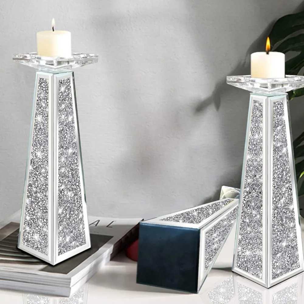 2 Piece Candlestick Holding Pillar Candles Crystal Crushed Dia Candle Holders Set Decor for Dinning Room Holder Y240823