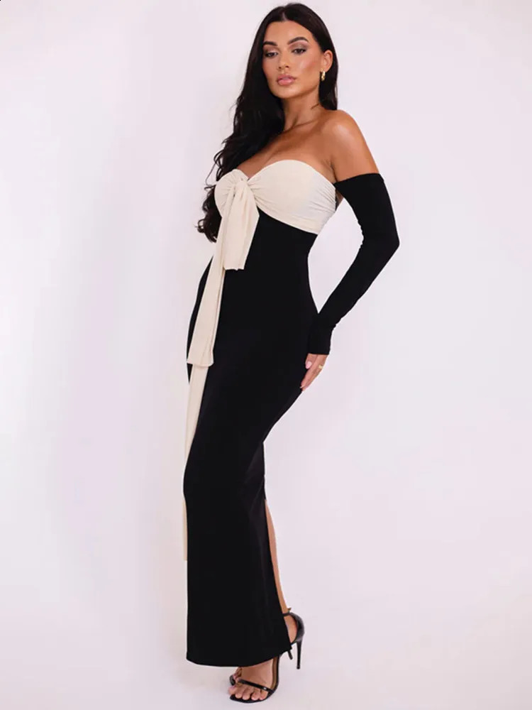 Mozision Patchwork Off-shoulder Sexy Maxi Dress For Women Gown Contrast Color Strapless Long Sleeve Bodycon Sexy Long Dress 240823