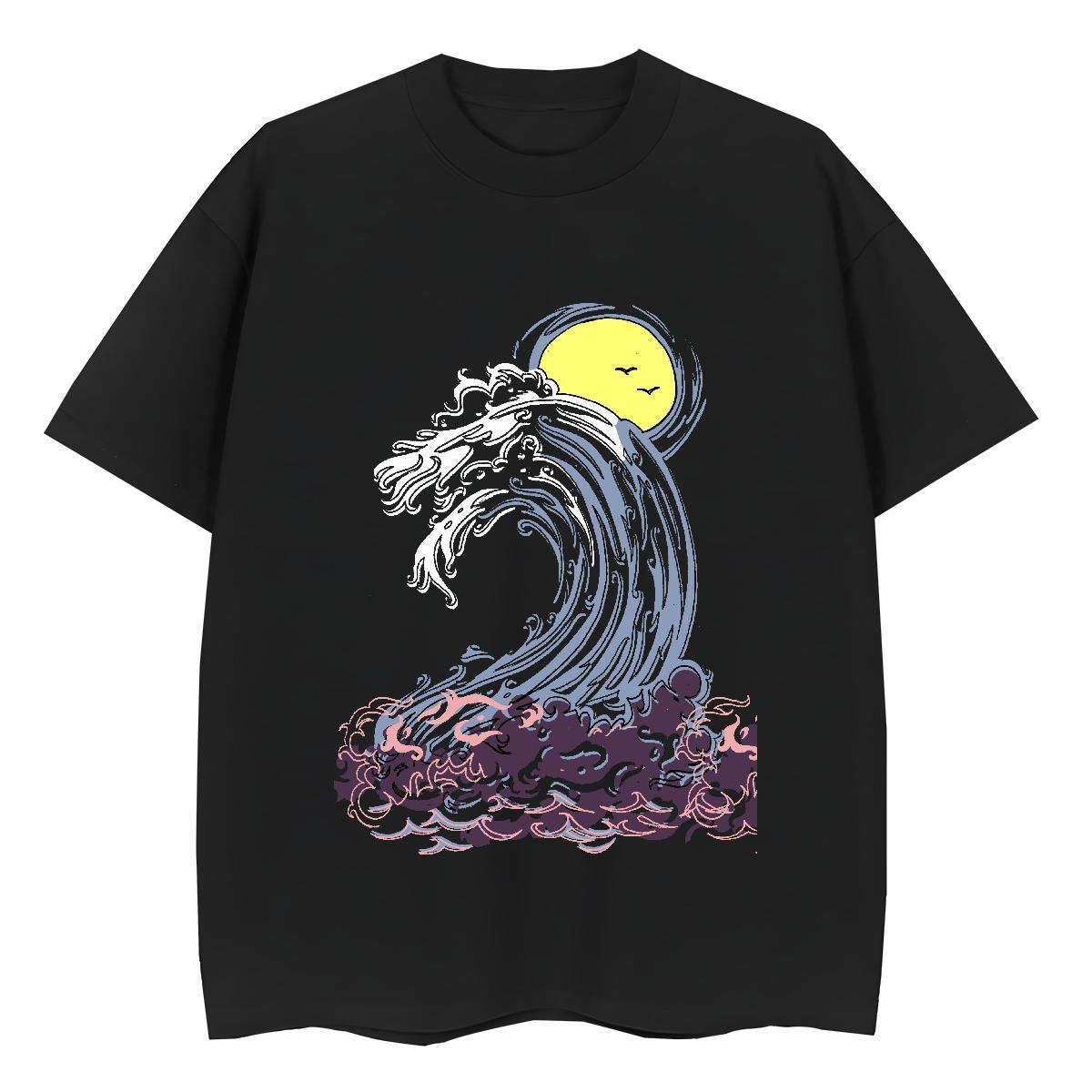 Unisex Womens Tshirts 230g Pure Cotton sea wave Street Casual T-Shirts Comfortable Cartoon Floral Printing Tees