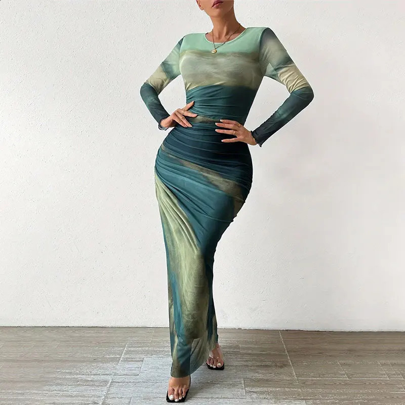 LnstLike Mesh Folding Sexy Tie Dye Womens Long Skirt Perspective Bodycon Round Neck Long Sleeve Summer Party Temperament Dress 240823