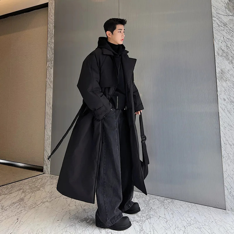 NOYMEI Oversize Silhouette Thickened Double Row Subblack Long Cotton Coat Black Belt Korean Trendy Trench Men Winter WA3310 240822