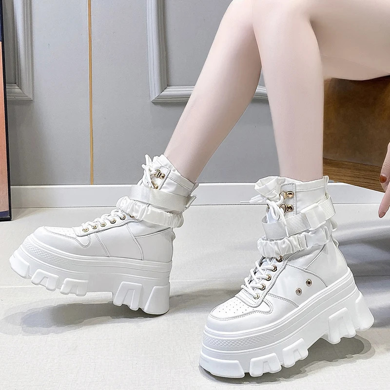 Rimocy Punk Short and Fat Platform Motorcycle Boots for Women Lace Sole Thick Ankle Boots for Women Cool Autumn Winter Gothic Shoes for Women 240823