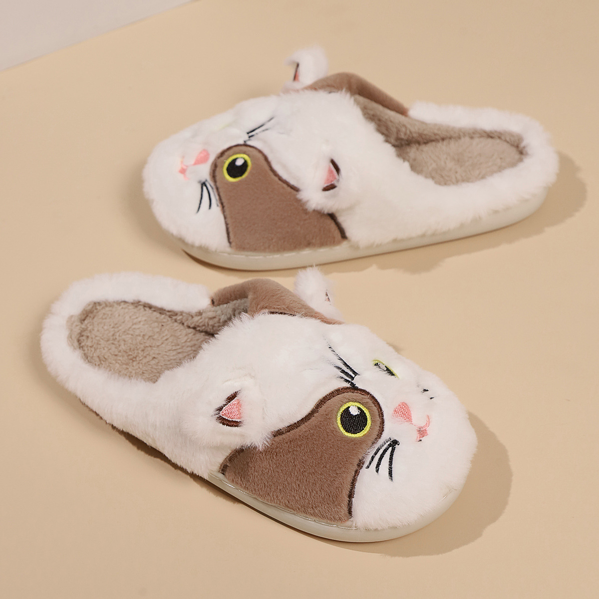 Design slippers fashion cute kitten plush slippers autumn and winter warm cotton slippers 2024 new outdoor indoor flat casual shoes warm Brown Black
