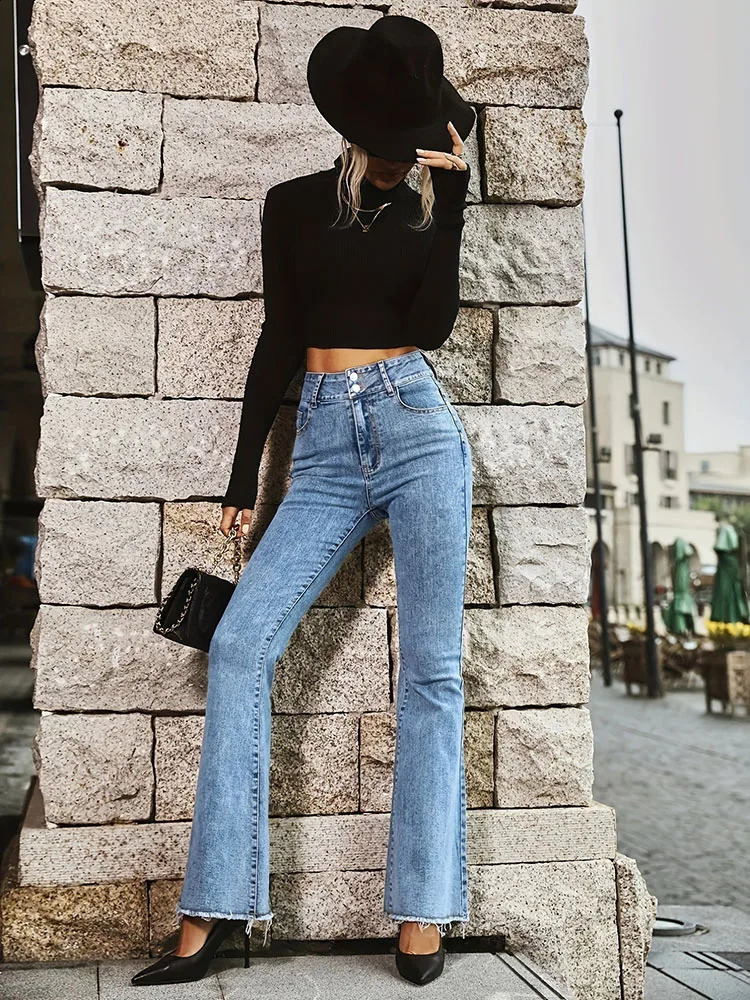 Womens Flare Elastic Retro High Waist Jeans Tight Bell Bottom Tassel Denim Pants Y2K Double Button 240823