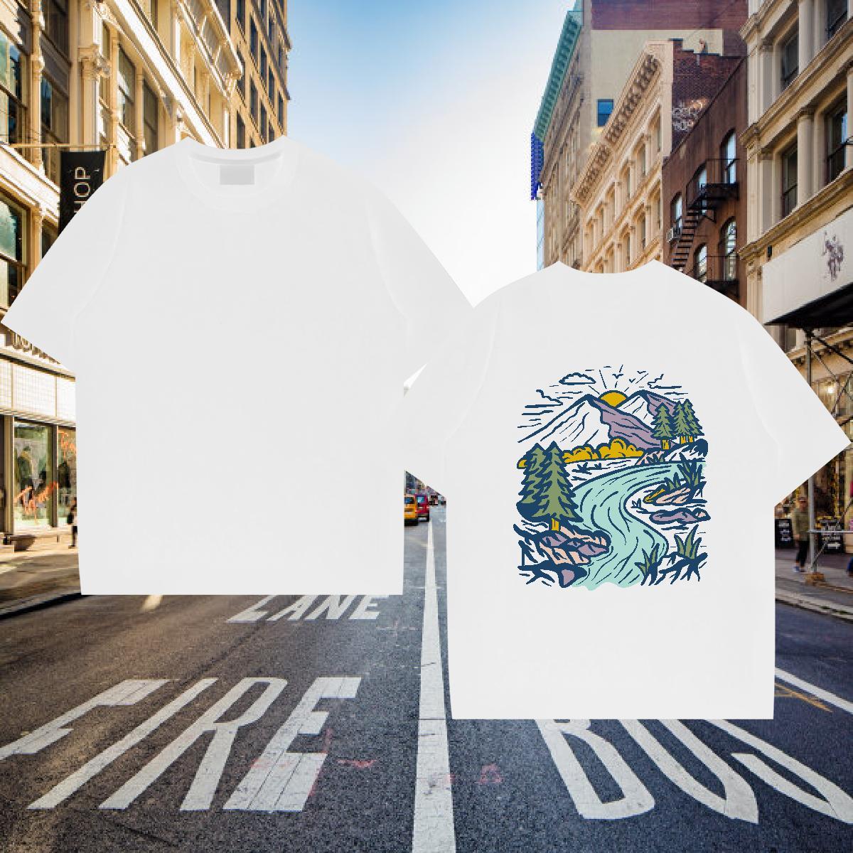 Wholesale T-Shirts 230g 100% Cotton Mountain High Street Hip Hop Graphic Breathable Crew Neck Couples T Shirts 2024 DIY Top Tees